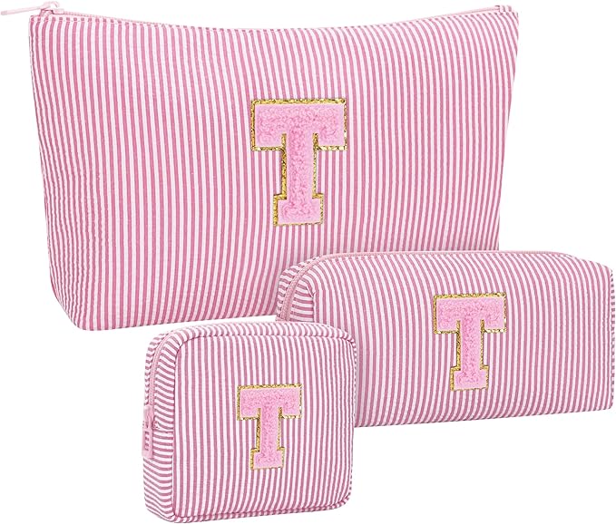 Initial Makeup Bag Cosmetic Bag Bridal Shower Gifts - Bridesmaid Bag,Bridesmaid Proposal Gifts for Wedding Day,Maid Matron of Honor Gift, Bride to be Gifts,Bachelorette Party Favors,3PCS,Pink T