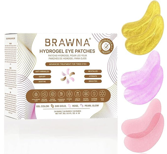 BRAWNA Hydrogel Undereye Mask Patch Gift Set with Hyaluronic Acid, Collagen, Retinol, Caffeine, Peptide, Kojic Acid, Arbutin - For Dark Circles, Puffy Eyes, Undereye Bags, Wrinkles- 24 Pairs