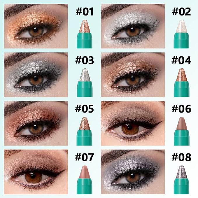 8Pcs Eyeshadow Stick Eye Brightener Stick Eyeliner Pencil Cream Shimmer Glitter Smooth Women Girls Eye Shadow Sticks Hypoallergenic Highlighter Natural Waterproof Long Lasting (SET A 8PCS)