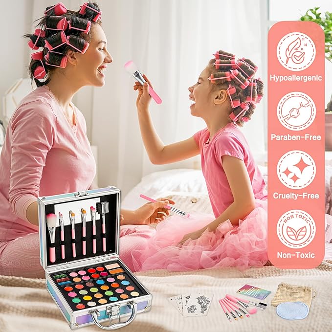 Anpro All-in-One Makeup Carry Case with Pro Teen Makeup Set, Full Starter Cosmetics Kit with Makeup Brushes, Eye Shadows Palette, Blushes, Glitter Gel, Temporary Tattoo Stickers - Pink, Style01