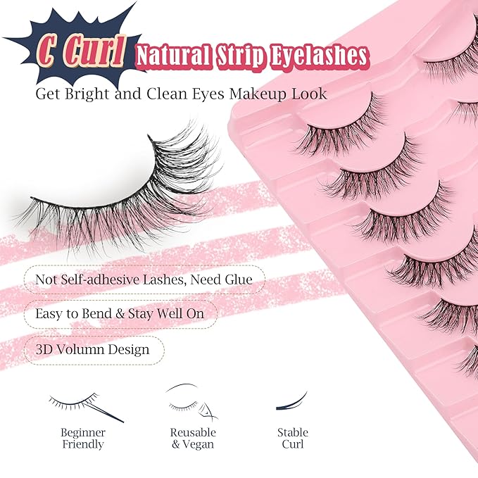 Eyelashes Natural Cat Eye Lashes 15mm Wispy Eyelashes Flared Fluffy Strip Lashes 0.1MM Thin Band False Eyelashes C Curl Lashes Siligli Eye Lashes Pack 7 Pair