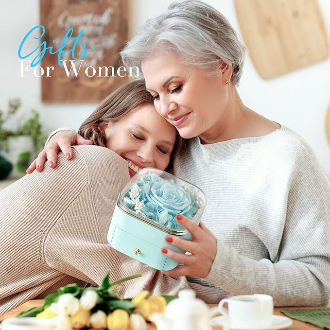 Preserved Real Light Blue Rose with Angle Wings Necklace, Forever Flowers Gifts for Mom Grandma Wife Girlfriend at Christmas Valentines, Anniversary Birthday Gifts for Women, I Love You Gifts for Her