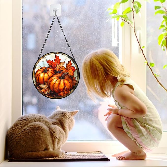 Stained Glass Window Hanging, Pumpkin Maple Leaf Suncatcher for Doors Home Sun Catchers Decoration and Christmas, Mother's Day Birthday Gifts for Women, Men, and Mom 6.3 in
