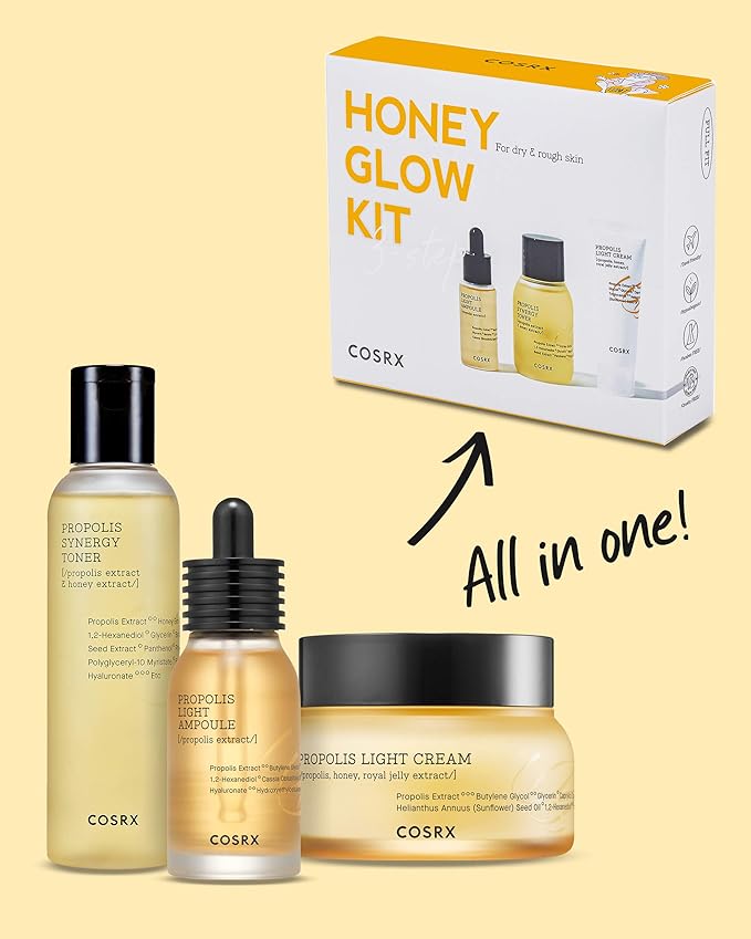 COSRX Honey Glow Kit, Korean Skin Care Set with Propolis Facial Toner, Serum, & Cream, Mini Travel Essentials, Deep Moisture, Hydration, Nourishment, Travel Size Gift Set, Korean Skin Care