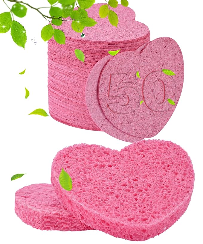 50-Count Compressed Facial Sponges for Estheticians- 100% Natural Cellulose Face Sponge Spa Sponges for Face Cleansing, Massage, Pore Exfoliating, Mask, Makeup Removal (Love-Pink)