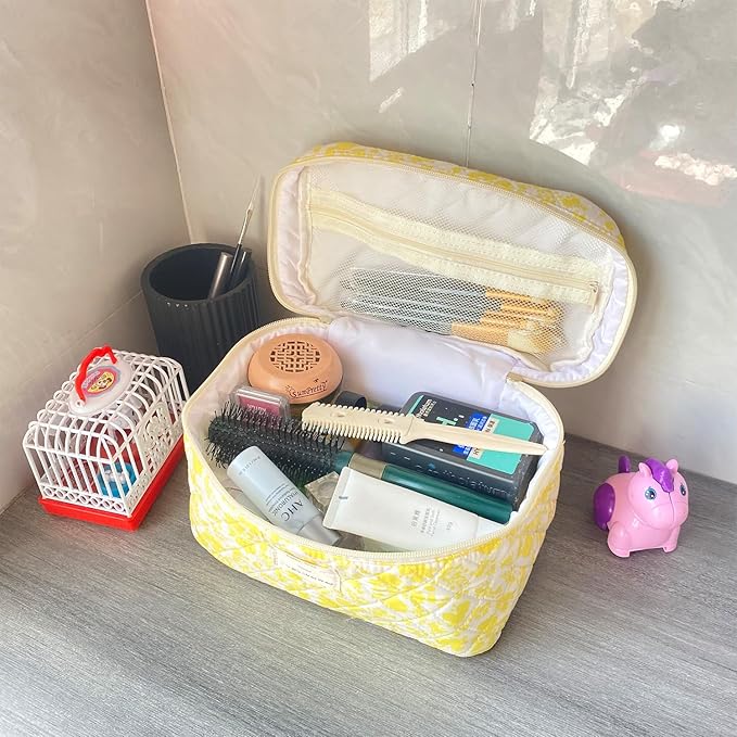 Yellow Large Quilted Floral Makeup Bag Cute Soft Coquette Aesthetic Cosmetic Bag Cotton Travel Toiletry Bag for Women