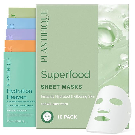 PLANTIFIQUE Superfood Facial Sheet Mask Variety Box 10 Pack – 2x Coconut, Aloe, Vitamin C, Centella & Collagen Face Masks – Hydrating & Glow-Enhancing – For All Skin Types