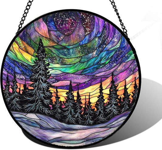 Stained Glass Window Hanging, Van Gogh Night Scene Sun Catchers Colorful Glass Panel Starry Sky Suncatcher Decor for Birthday for Women, Men, Wife, Aunt, and Mom 11.8x11.8 in