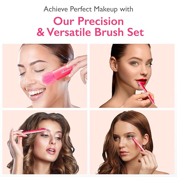 Travel Makeup Brushes Set, Easy Taken 5pcs Mini Makeup Brushes Kit with mirror, ON-THE-GO, Makeup Set for Beauty Blender, Get Glam On-the-Go! strawberry