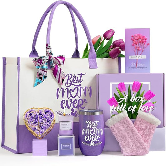 Gifts for Mom, Mother's Day Gift for Mom from Daughter Son, Birthday, Thanksgiving Day, Christmas Gifts for Mother, Care Package, Gift Basket with Canvas Tote Bag Sock Tumbler Soap Flower