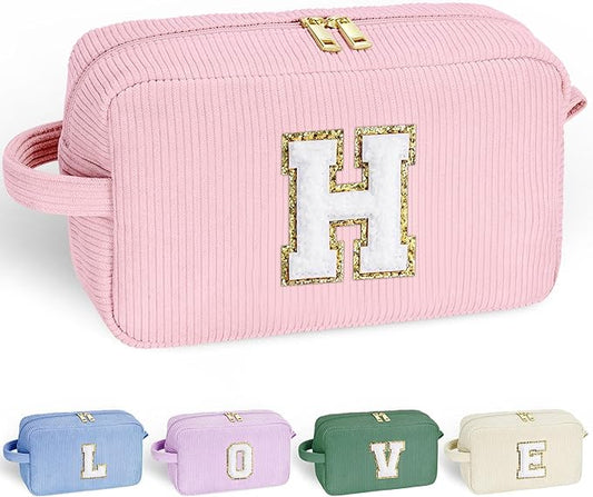 YOOLIFE Small Makeup Bag - Personalized Gifts Monogram Makeup Pouch Pink Corduroy Cute Makeup Bag Cosmetic Bag Make Up Bag Birthday Gifts for Teen Girls Women Her Wife Girlfriend Gifts Pink Letter H