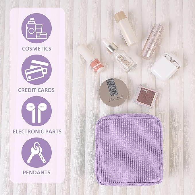 MAGEFY Small Makeup Bag for Purse Mini Cosmetics Bag Corduroy Cute Cosmetic Pouch for Women with Slip-in Pockets