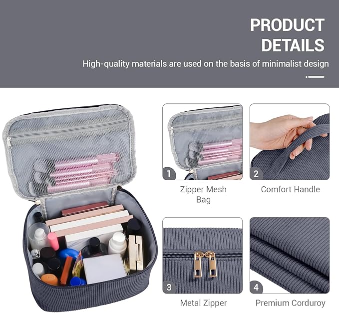 MAGEFY Small Makeup Bag for Purse Mini Cosmetics Bag Corduroy Cute Cosmetic Pouch for Women with Slip-in Pockets