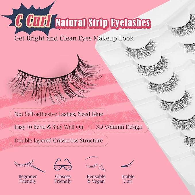 Eyelashes Short Natural Lashes Wispy Eyeashes Natural Look 10mm Strip Lashes False Eyelashes C Curl Eye Lashes Pack 0.1MM Thin Band 3D Volume Soft Eyelash Siligli Lash 7 Pair