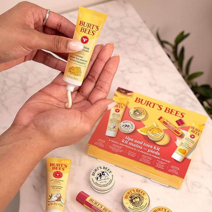 Burt's Bees Back to School Gift Ideas, Tips and Toes Kit, 6 Travel Size Products - Pomegranate Moisturizing Lip Balm, 2 Hand Creams, Foot Cream, Cuticle Cream, and Hand Salve