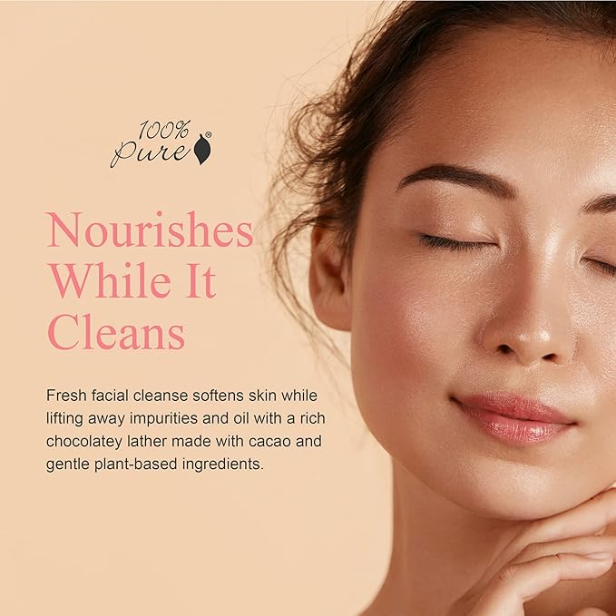 100% PURE Cocoa Cream Face Cleanser Moisturizing Wash for Women & Men Natural Hydrating Soap with Antioxidants & Caffeine - Cleanse Pores & Detoxify Vegan Makeup Remover - 3.4oz