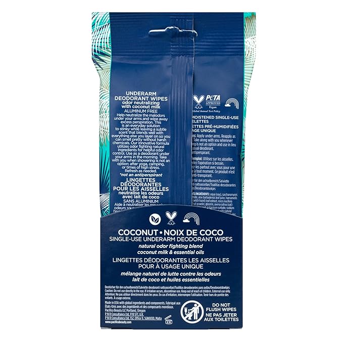 Pacifica Beauty Coconut Milk & Essential Oils Underarm Deodorant Wipes, Helps Remove Odor, Aluminum-Free, Vegan & Cruelty-Free (Pack of 8) | 240 wipes Total