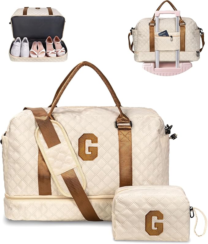 Gifts for Girls-Initial Duffle Bag with Shoe Compartment, Personalized Weekender Bag, Monogram Overnight Bag, Letter Travel Bag with Makeup Bag，Personalized Gift Idea for Women Her (Letter G)