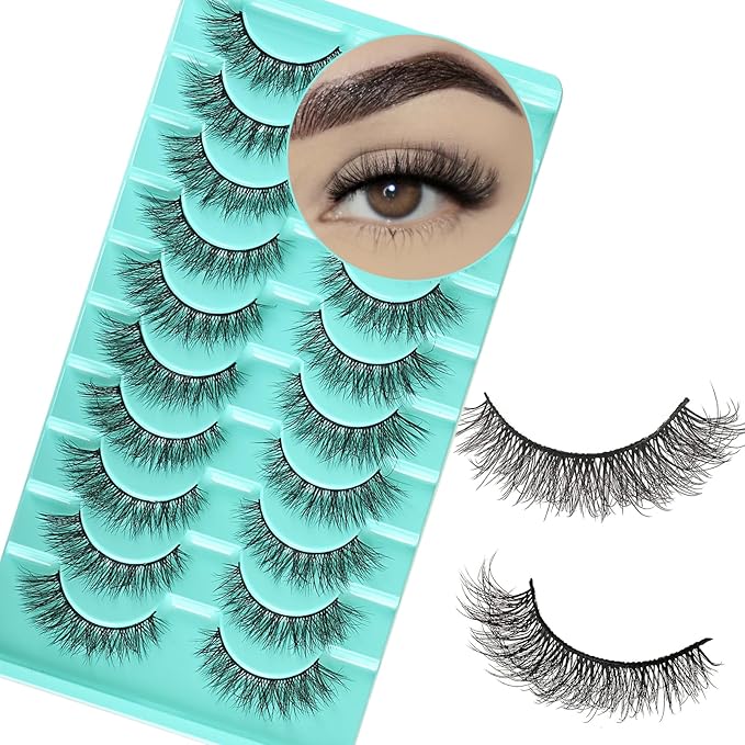 Natural Lashes Wispy Eyelashes Fluffy Mink Lashes Naturl Look Small Strip Eyelash 10 Pairs Short Lashes Pack Lightweight Cat Eye Lash Strips Set Soft Fake Eyelash (Flare Lash | 8-14mm)