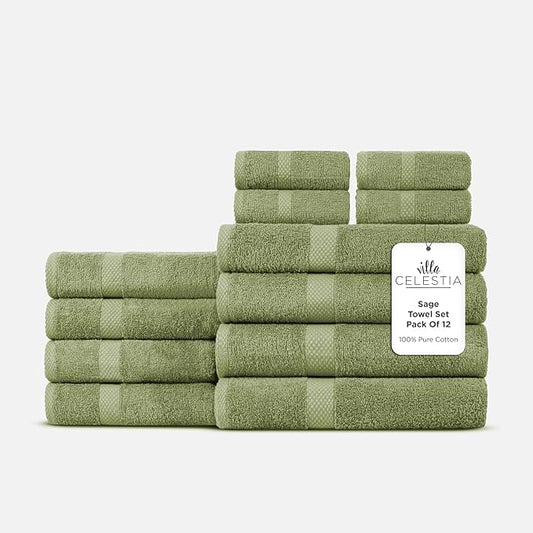 100% Cotton Bath Towel Set of 12-4 Bath Towels, 4 Hand Towels, 4 Wash Cloths, Sustainable, Soft, Highly Absorbent, Combed Cotton 12 Piece Set for Hotels, Spa, Bathroom, Dorm, Sage