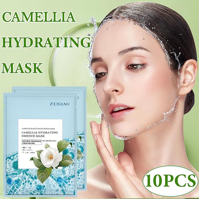 Camellia Soothing Face Mask Hydrating,Moisturizing Long Lasting Facial Sheet Mask for All Skin Types,Soft Camellia Masks for Dry Skin,Pack of 10