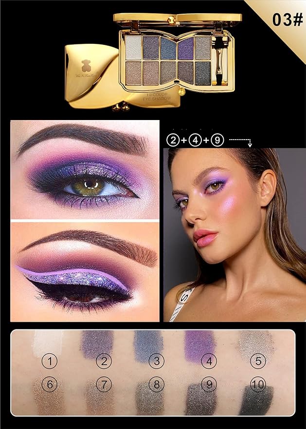 Glitter Eyeshadow Palette, 10 Colors Sparkle Shimmer & Matte Eye Shadow Highly Pigmented Waterproof Long Lasting Makeup Set (Color 3)