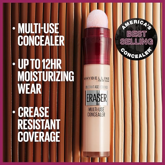 Maybelline Instant Age Rewind Instant Eraser Multi-Use Concealer, Crease-Resistant Coverage, Up to 12HR Moisturizing Wear, 190, 1 Count