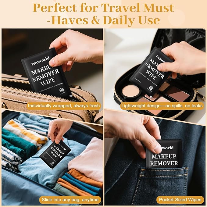 Makeup Remover Wipes Bulk Individually Wrapped,Travel Makeup Wipes Gentle for Face Cleansing Mascara Lipstick Travel Hotel（black,pack of 100)