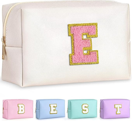 TOPEAST Travel Makeup Bag for Women - Preppy Cosmetic Bag, Personalized Initial Makeup Pouch Leather Waterproof Travel Toiletry Bag | Birthday Travel Gifts (Pearly White E)