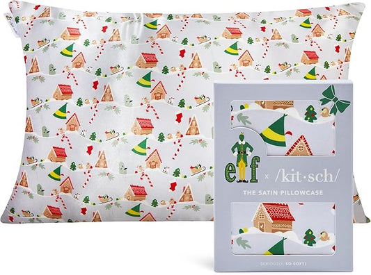 Kitsch x Elf Periwinkle Christmas Satin Pillowcase with Zipper for Hair & Skin, Softer Than Silk Pillow Cases Queen, Wrinkle-Free, Smooth and Cooling Satin Pillow Covers, Queen/Standard Size (19x26)