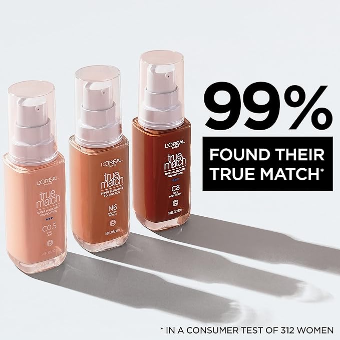 L'Oreal Paris True Match Super-Blendable Foundation, Medium Coverage Liquid Foundation Makeup, N1, Light, 1 Fl Oz