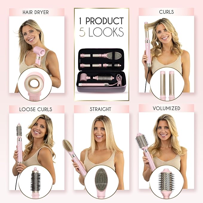 ELLA BELLA® 6 in 1 Professional Hot Air Styler • Powerful Hair Dryer & Straightener Set • Styling Without Heat Damage • Fast Drying Curling Volumizing Straightening • Protective Travel Case (Pink)