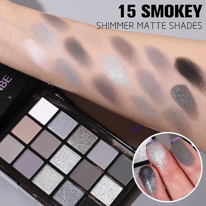 UCANBE Smokey Black Eyeshadow Palette, 15 Colors Dark Shimmer Matte Metallic Makeup Pallet, High Pigmented Gray Silver Sombras De Ojos Kit for Daily and Halloween