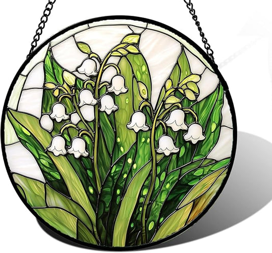 Stained Glass Window Hanging, Lily of The Valley Flower Sun Catchers Colorful Glass Panel Green Plants Suncatcher Decor for Birthday for Women,Men,Wife, Lovers, and Mom 7.8 in