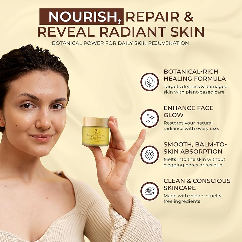 Organic Botanical Women’s Skin Repair Balm – 97% Reported Improvement for Acne, Sunburn & Dryness – Day & Night Anti-Aging Collagen Boost Moisturizer for Face, Neck & Décolleté – Glow Scent, 2oz