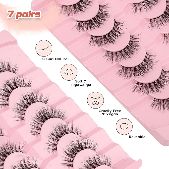 Natural Lashes False Eyelashes 17MM Wispy Lashes 3D Volume Strip Eyelashes C Curl False Eye Lashes 0.1MM Thin Band Fluffy Lashes Pack Siligli 7 Pair Lash Eyelash