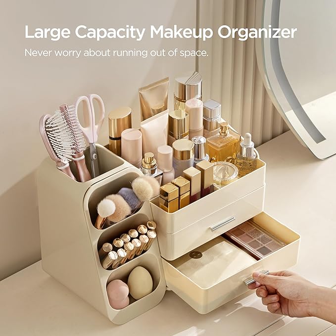HBlife Makeup Organizer with Brush Holder for Vanity, Large Plastic Bathroom Countertop Organizer Skin Care Storage, Easy to Store Lipsticks, Nail Polishes, Perfumes, Eyeshadow Palettes, All Beige