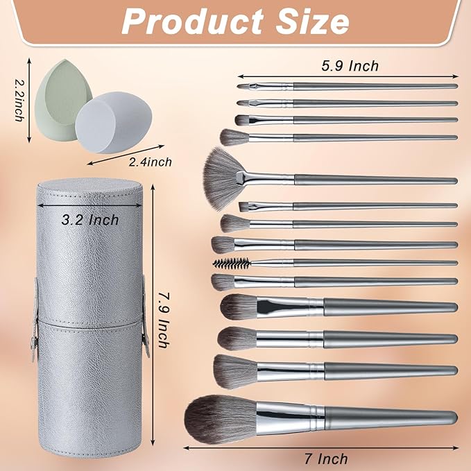 Makeup Brushes, 14 Pcs Professional Makeup Brush Set, Eye and Face Foundation Brush Set, Eyeshadow Brushes, Cosmetic Brushes, with 2 Blender Sponge and PU Case, Silvery