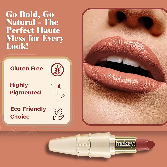 Hickey Lipstick Organic Haute Mess Terracotta Lipstick Shade Refillable, Long Lasting Lipstick for Women, Hydrating & Moisturizing Shade, Lip Color for Women, Gluten-Free & Vegan with Highly Pigmented