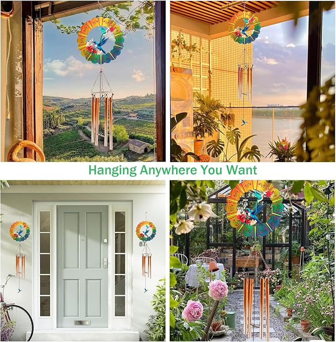 Wind Chimes with Hummingbird Wind Spinner, Mom Gifts for Christmas Grandma Mom Women Birthday Retirement Teacher, 31" Windchimes Outdoor Decor Hanging Mobile for Garden Porch Patio Backyard