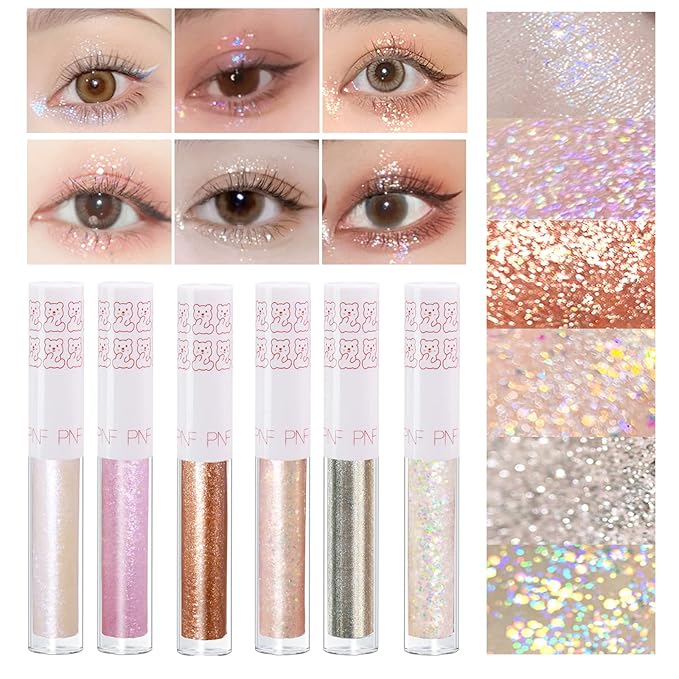 6Pcs Liquid Glitter Eyeshadow Eyeliner, Korean Makeup, Bling Under Eye Shadow, Shimmer Eye Make Up Valentine's Gift Set,Long Lasting,Quick Drying & Pigmented Loose Glitter Glue for Crystals Makeup