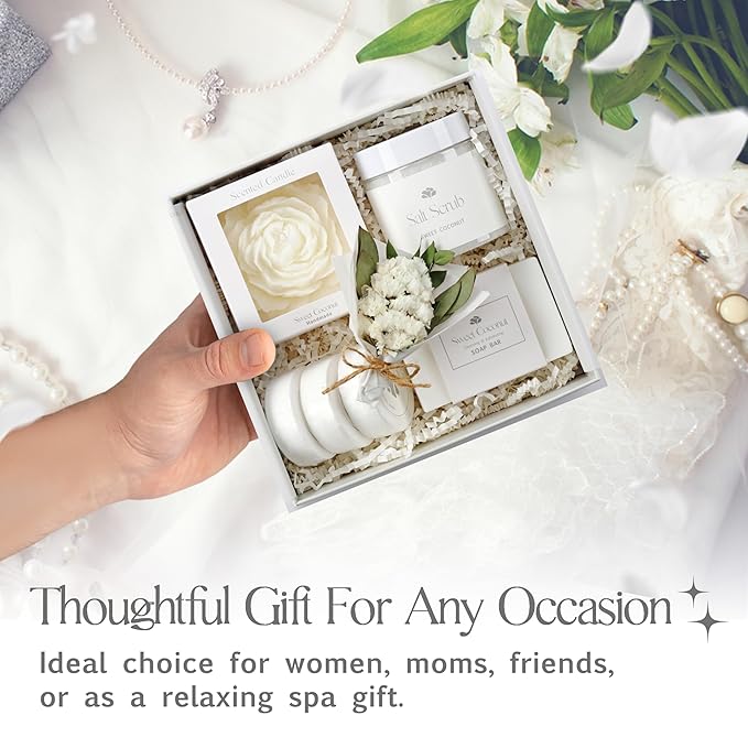 Sweet Coconut Spa Gift Set for Women – Relaxation Gift Basket with Candle, Soap, Salt Scrub & Shower Steamers – Unique Birthday, Bridal Shower, Thank You & Self Care Gifts