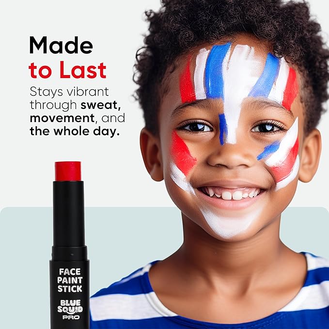 Blue Squid PRO Red White Blue Face Paint Stick - Waterproof Body Paint For Adults & Kids Eye Black Baseball, Eyeblack Softball - Hypoallergenic Twist-Up Non-Toxic Makeup Stick - Cosplay, Sports & SFX