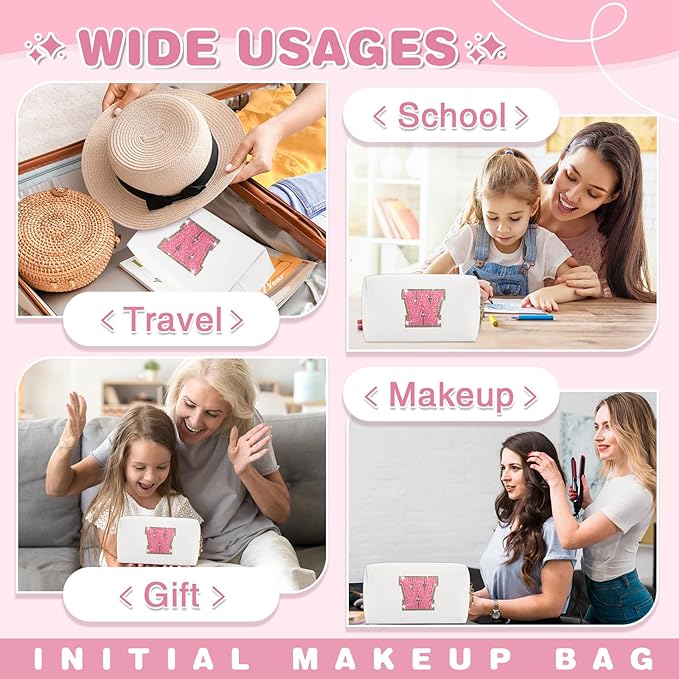 Small Initial Patch Makeup Bag Personalized Gifts Make Up Bag,White Cute PU Leather Glitter Letter Cosmetic Bag with Zipper,Trendy Portable Travel Toiletry Pouch,Preppy Stuff for Teen Girls Women W