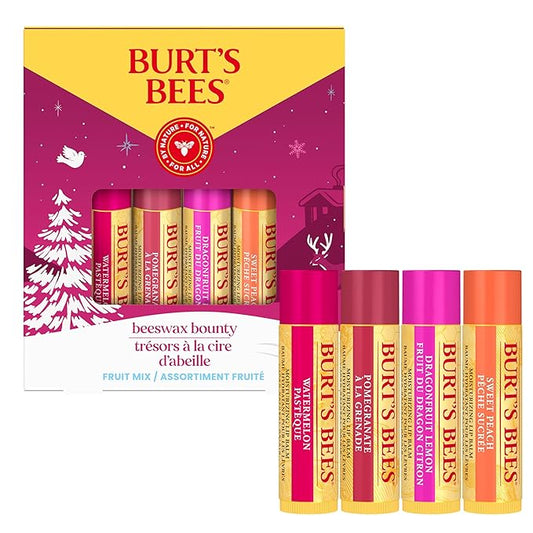 Burt's Bees Christmas Gifts, 4 Lip Balms Stocking Stuffers Products, Beeswax Bounty Fruit Mix - Watermelon, Pomegranate, Dragonfruit Lemon & Sweet Peach (4-Pack)