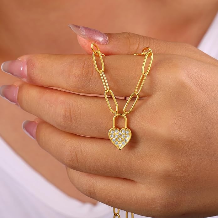 Dainty Gold Heart Necklace for Women - 14K Gold/Silver Plated Cute Heart Handmade Disc Circle Bee Choker Adjustable Necklace for Women Trendy Jewelry