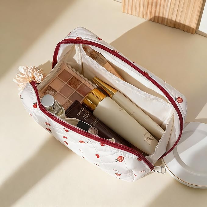 TOPEAST Makeup Bag for Women Girl, 3Pcs Large Cotton Travel Make up Organizer, Quilted Brush Toiletry Pouch Portable Cosmetic Bags with Big Compartment Zipper, Strawberry
