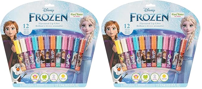 Townley Girl Disney Frozen 12 Piece Plant Based Lip Gloss, Girls Party Favors, First Makeup Set for Girl, Perfect for Parties, Sleepovers, and Birthday Gifts, Elsa and Anna, Ages 3 (Pack of 2)