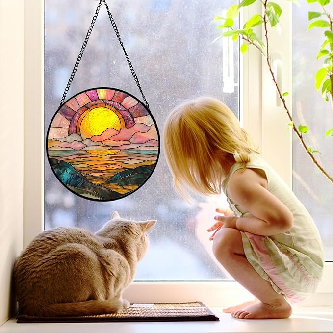 Stained Glass Window Hanging, Sunrise Over The Sea Suncatcher Diamond Glass Panel Hangings Abstract Sun Catchers Decor for Birthday for Women, Men, Wife, Aunt, and Mom 7.8 in