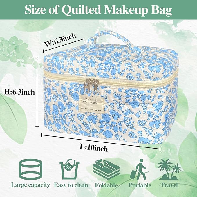 Blue Large Quilted Floral Makeup Bag Cute Soft Coquette Aesthetic Cosmetic Bag Cotton Travel Toiletry Bag for Women